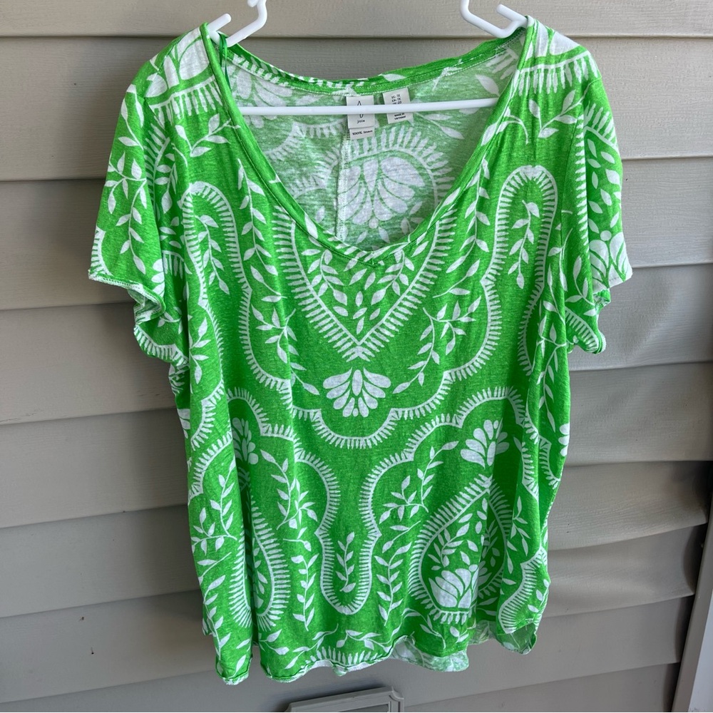 Joie Womens 1X Top 100% Linen Floral Green V-Neck Short Sleeve Lightweight